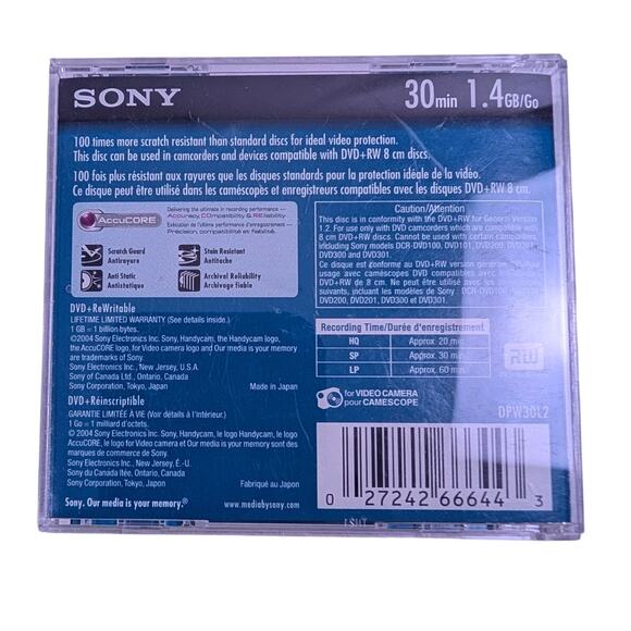 Sony Handycam DVD+RW Mini Discs 1.4GB 30 Min Single Sided 2 Pack - Picture 2 of 2